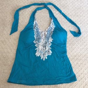 Turquoise with sequence peep through halter top